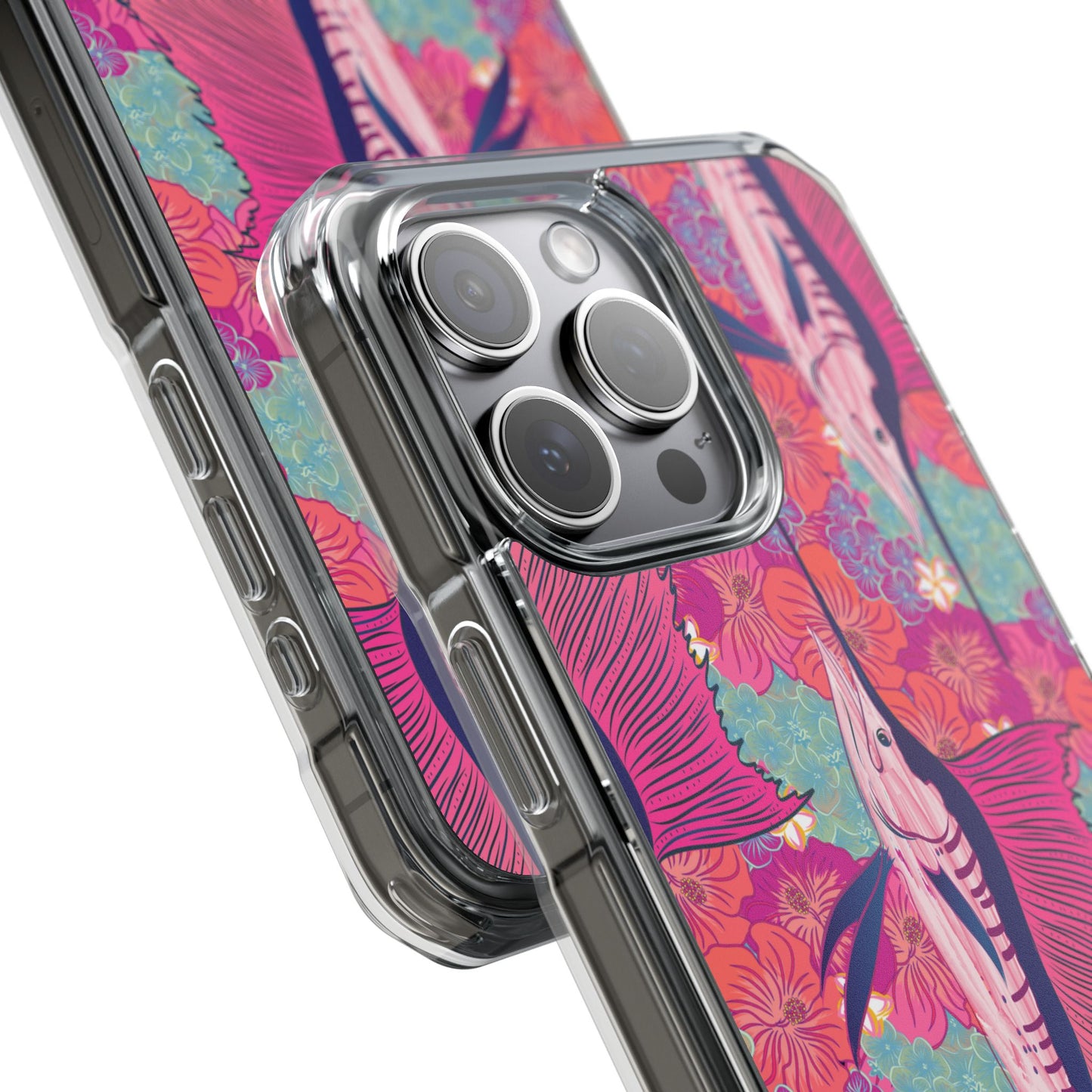 Watercolor pink sailfish over hibiscus Magnetic Clear Impact Cases