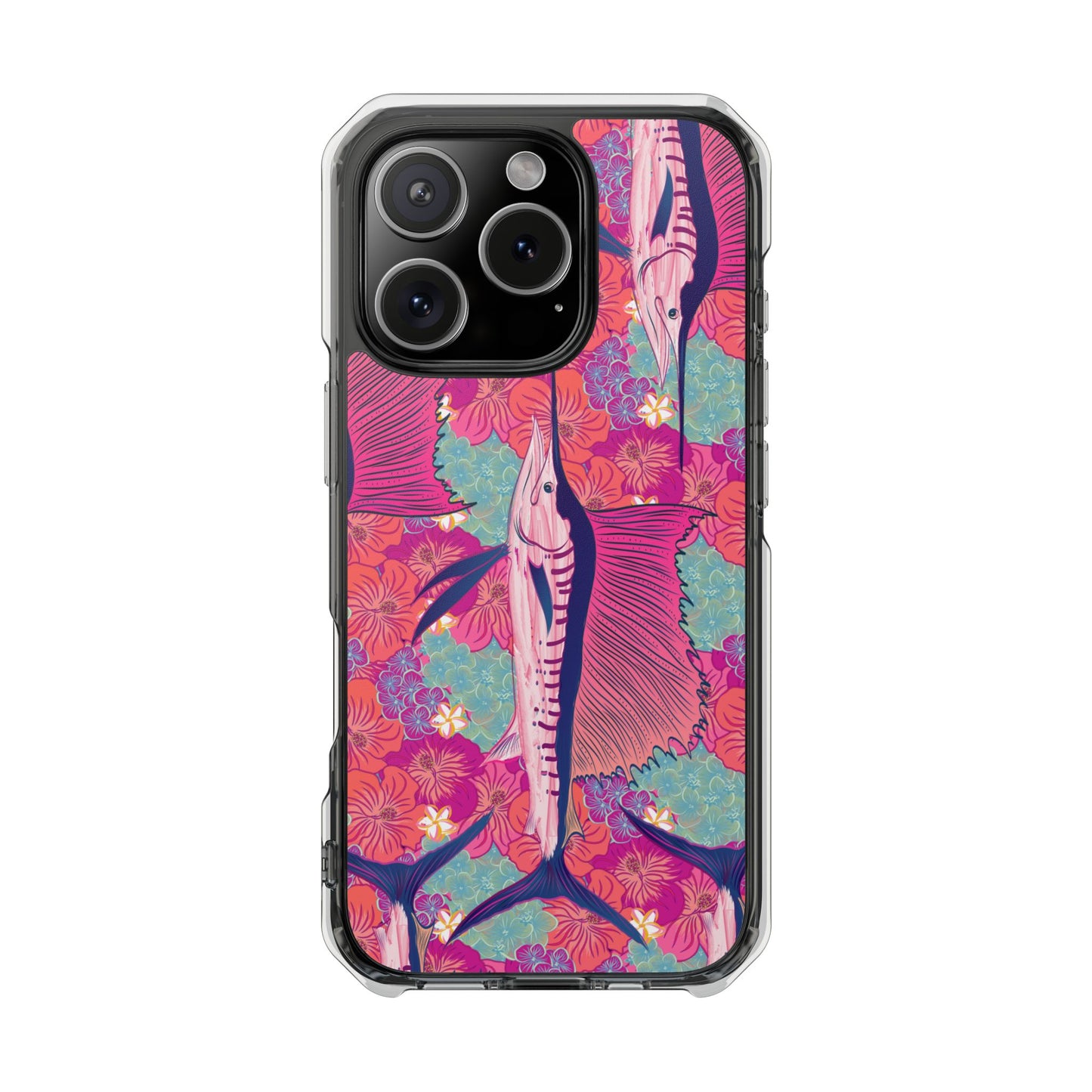 Watercolor pink sailfish over hibiscus Magnetic Clear Impact Cases