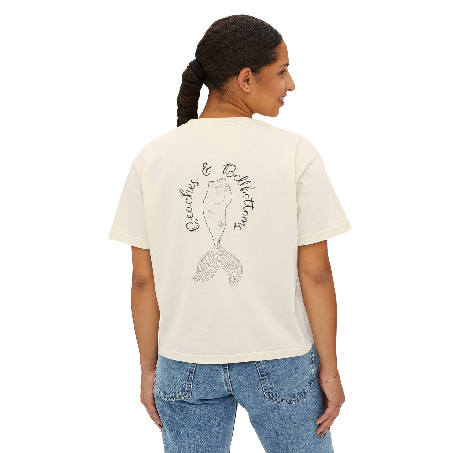 Beaches & Bellbottoms Boxy Tee — Women's Relaxed Crop T‑Shirt with Palm & Mermaid Art