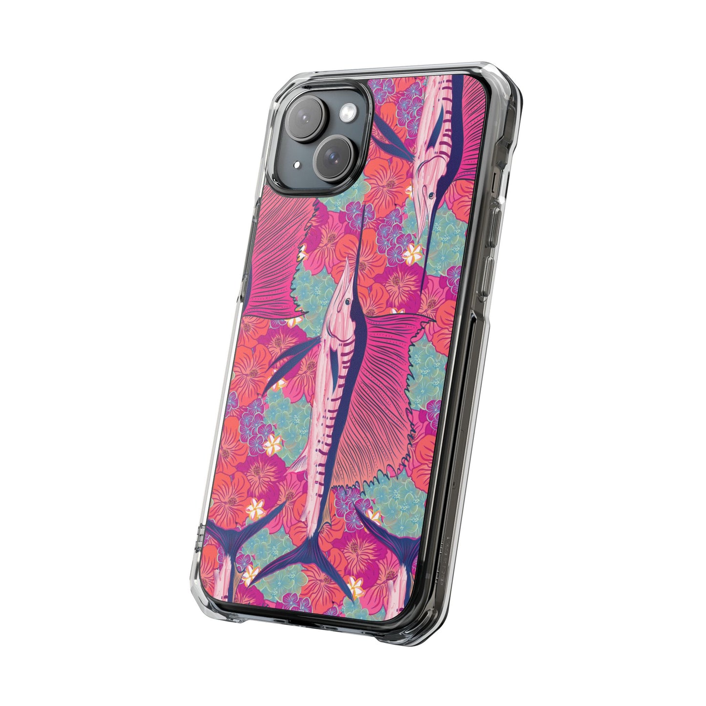 Watercolor pink sailfish over hibiscus Magnetic Clear Impact Cases