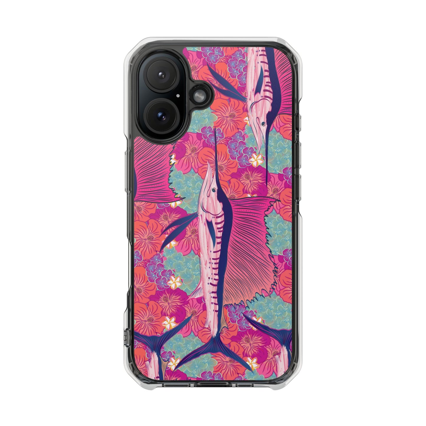 Watercolor pink sailfish over hibiscus Magnetic Clear Impact Cases