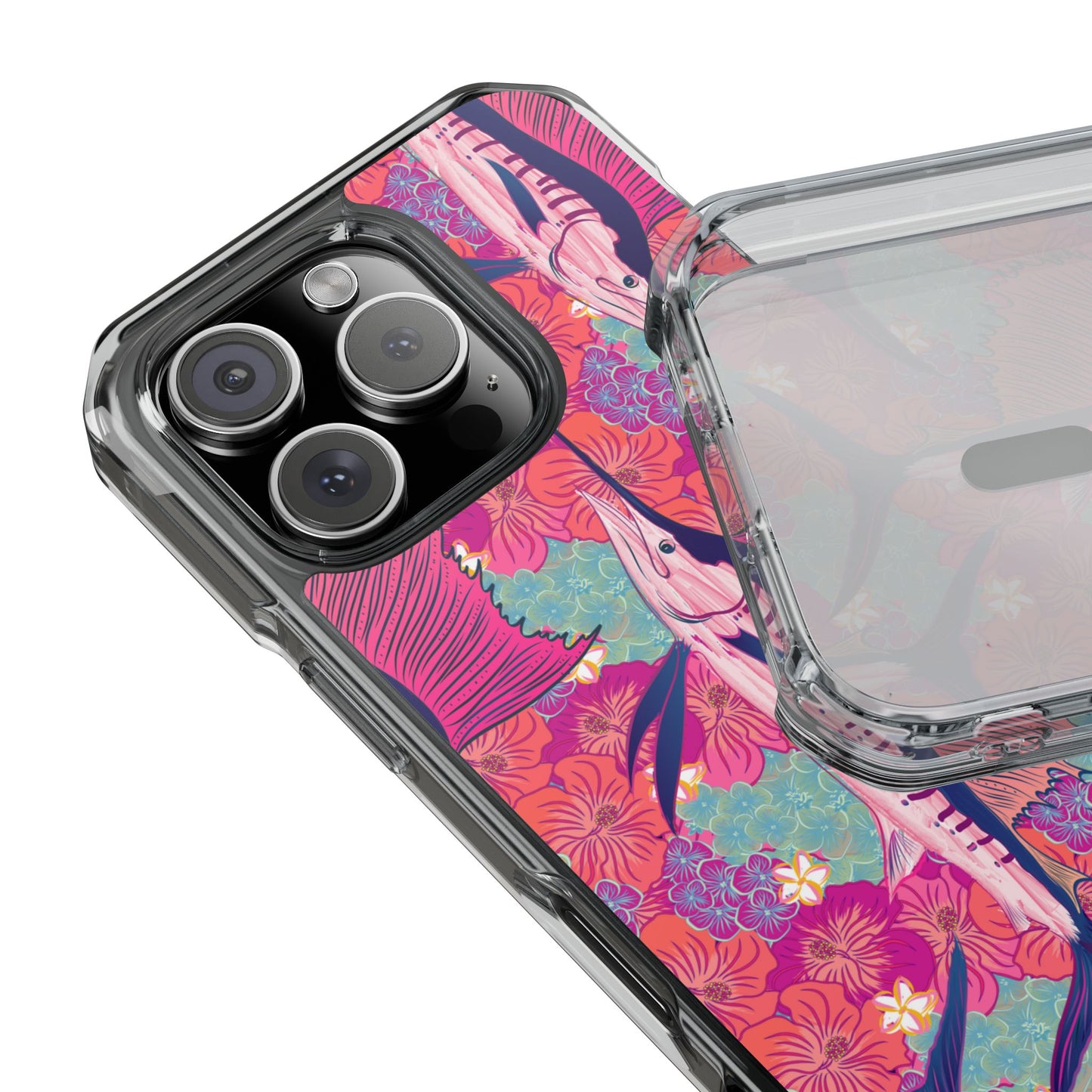 Watercolor pink sailfish over hibiscus Magnetic Clear Impact Cases