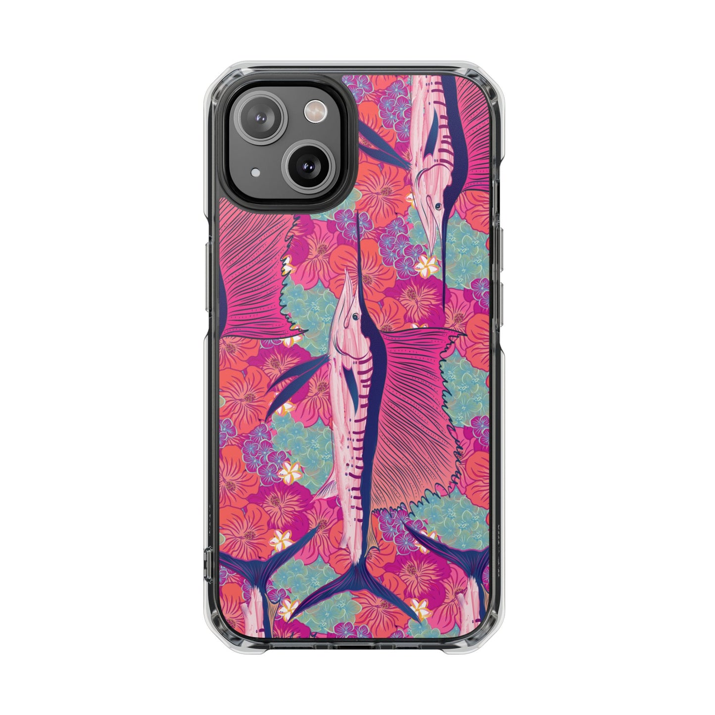 Watercolor pink sailfish over hibiscus Magnetic Clear Impact Cases