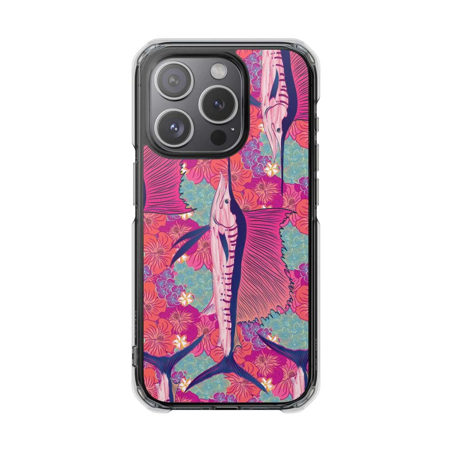 Watercolor pink sailfish over hibiscus Magnetic Clear Impact Cases