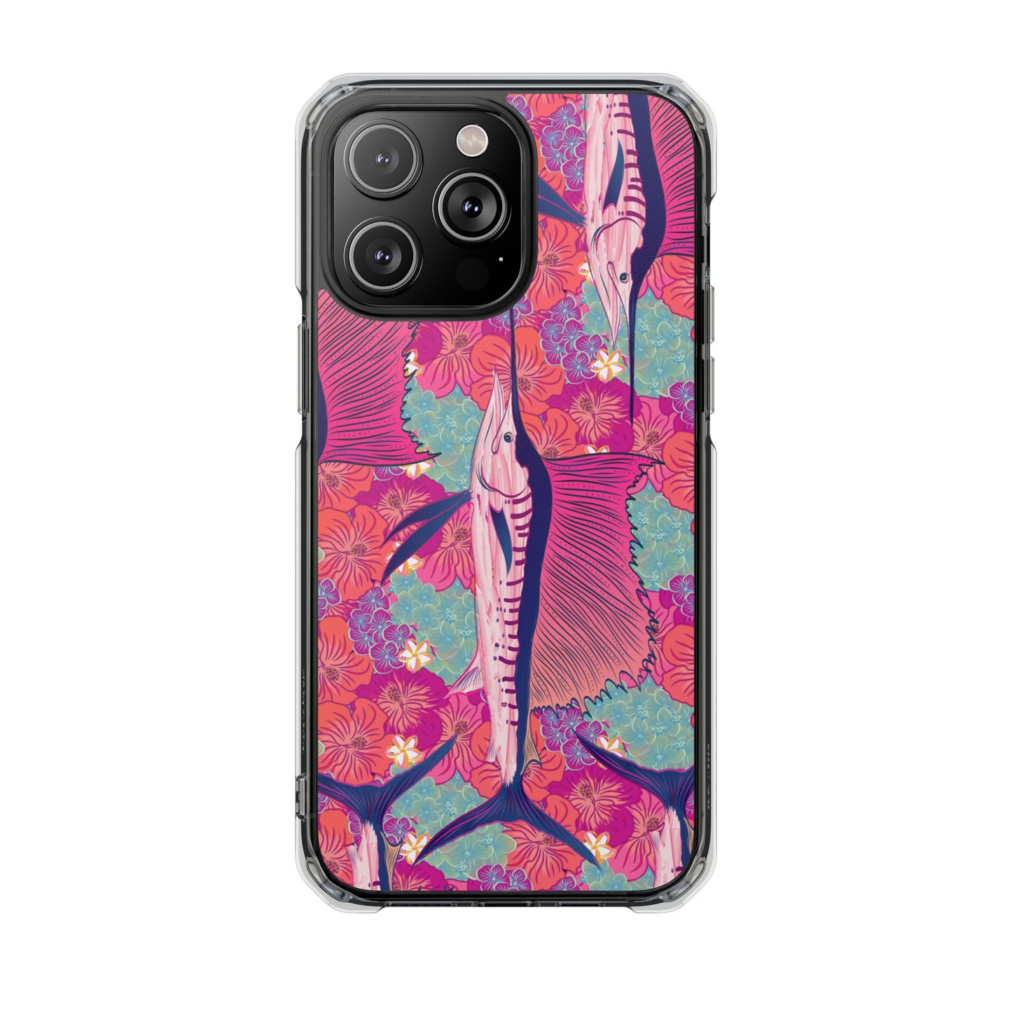 Watercolor pink sailfish over hibiscus Magnetic Clear Impact Cases