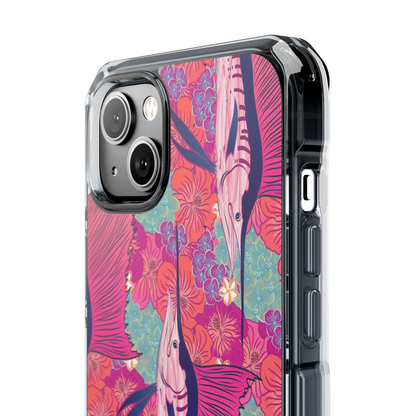 Watercolor pink sailfish over hibiscus Magnetic Clear Impact Cases