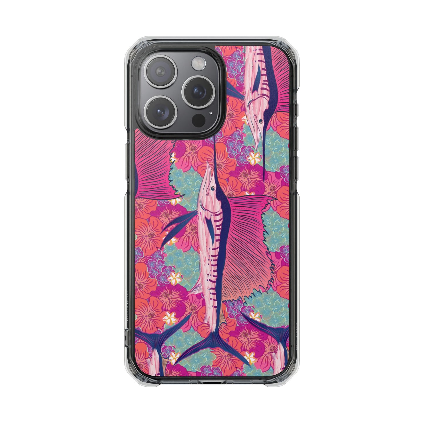 Watercolor pink sailfish over hibiscus Magnetic Clear Impact Cases
