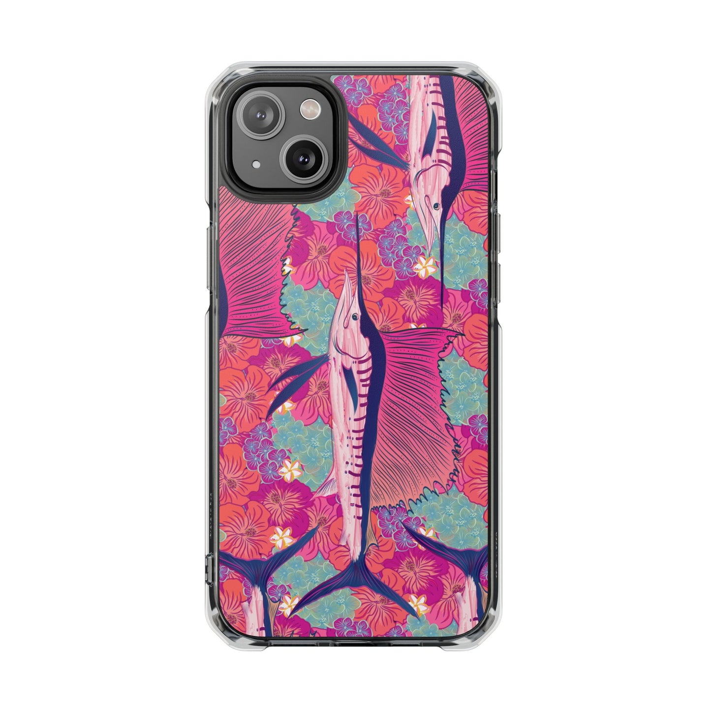 Watercolor pink sailfish over hibiscus Magnetic Clear Impact Cases