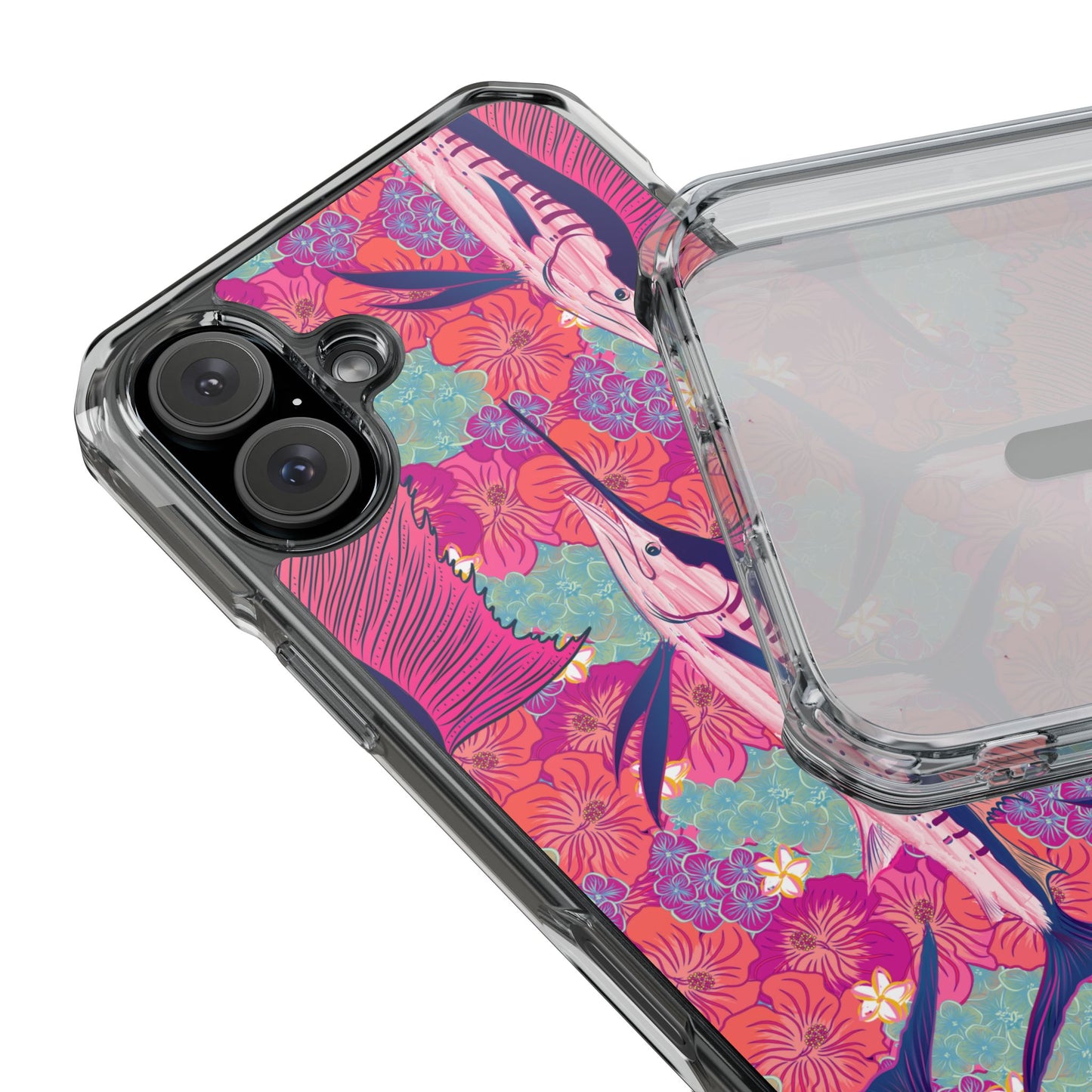 Watercolor pink sailfish over hibiscus Magnetic Clear Impact Cases