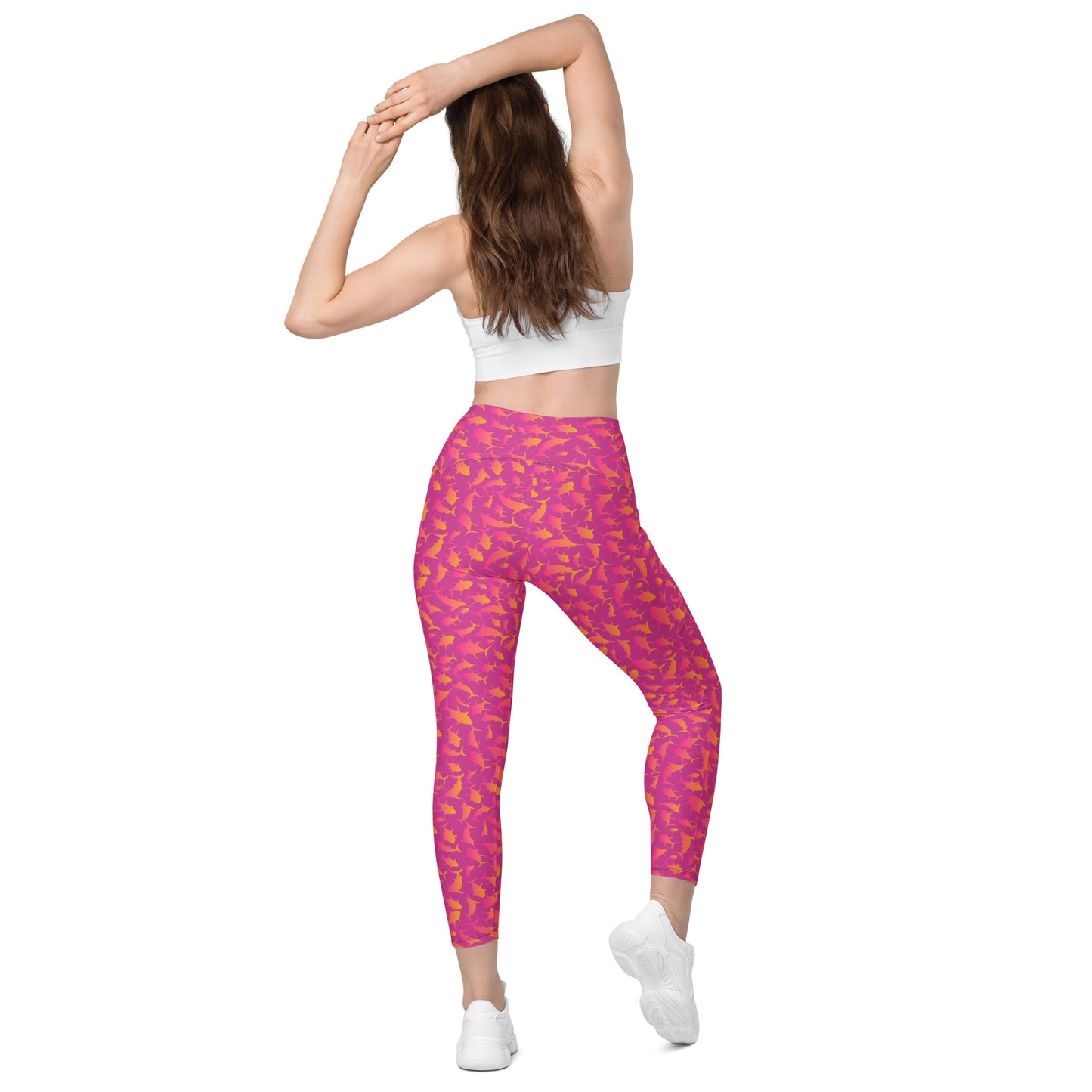 Marlin Tuna scatter hot pink orange ombré Crossover leggings with pockets