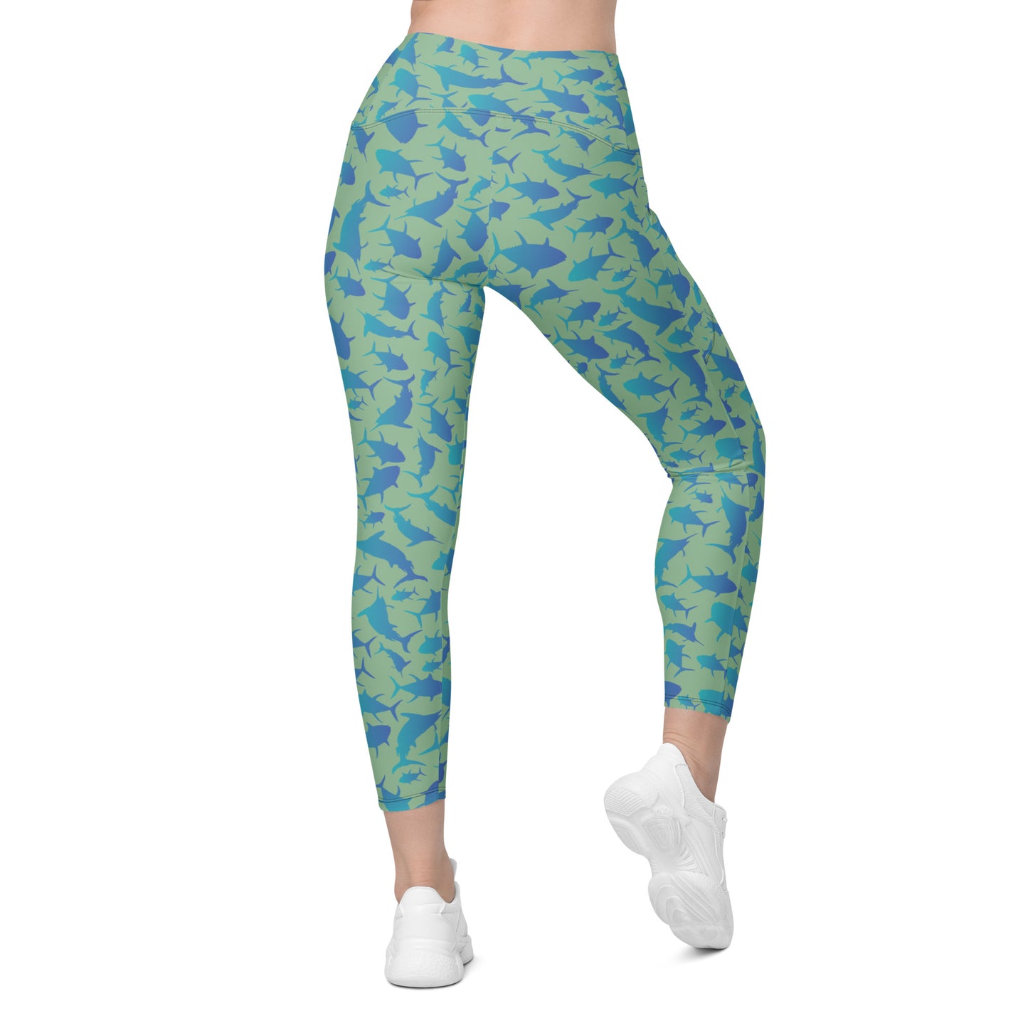 Marlin Tuna Scatter blue over green Crossover leggings with pockets