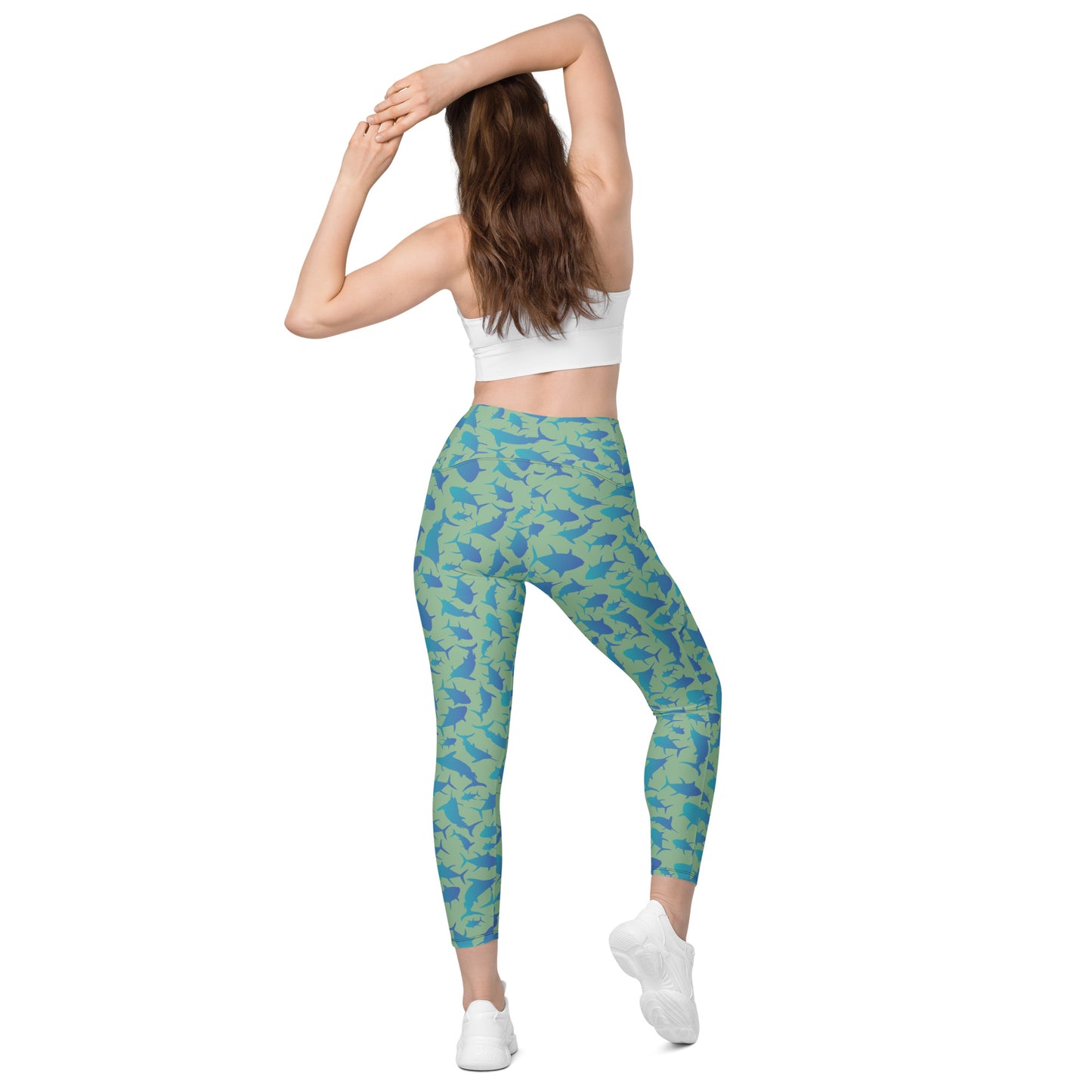 Marlin Tuna Scatter blue over green Crossover leggings with pockets