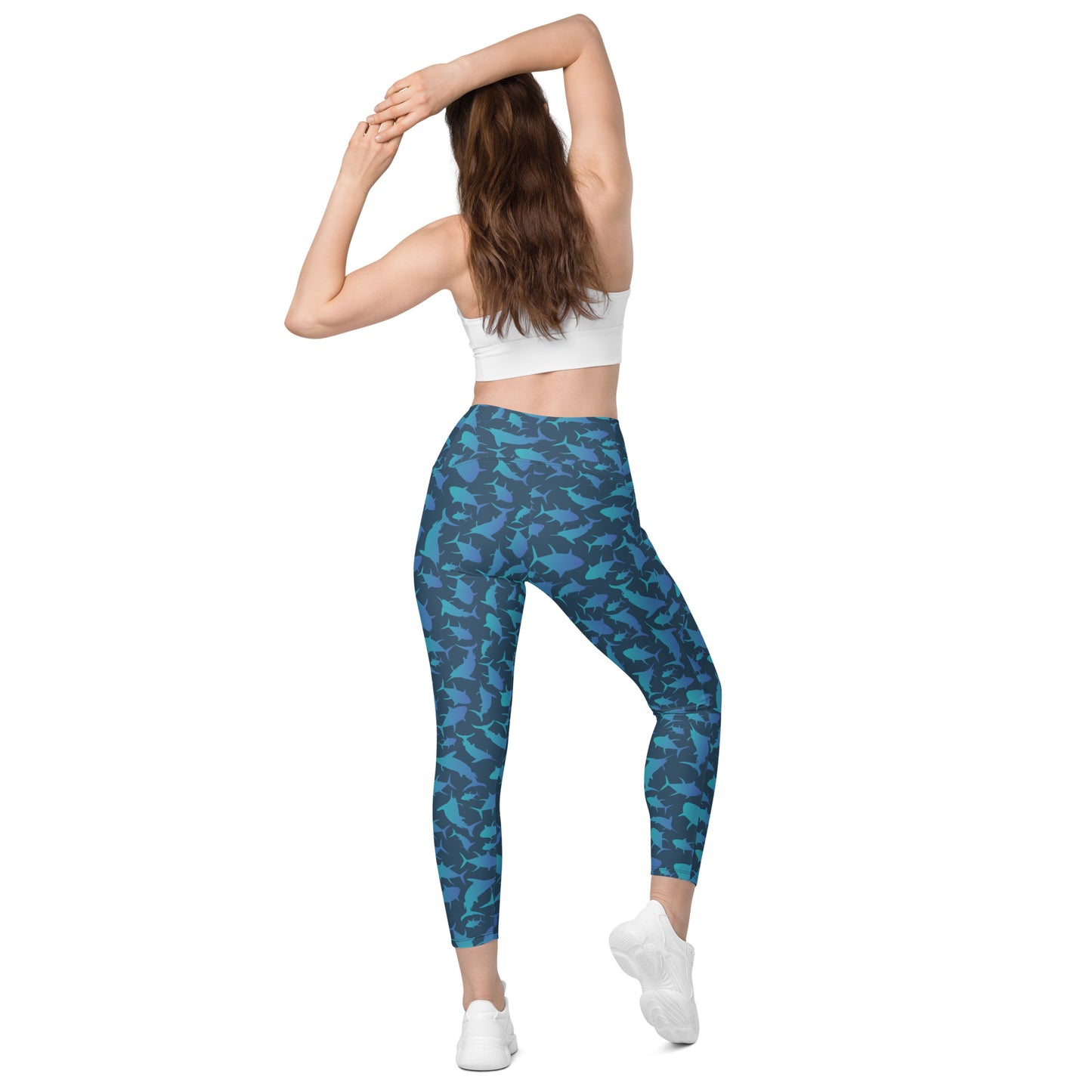 Marlin Tuna Scatter blue ombré over navy Crossover leggings with pockets