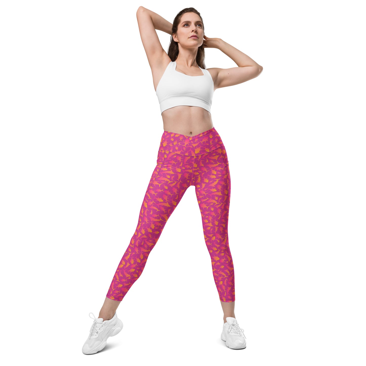 Marlin Tuna scatter hot pink orange ombré Crossover leggings with pockets