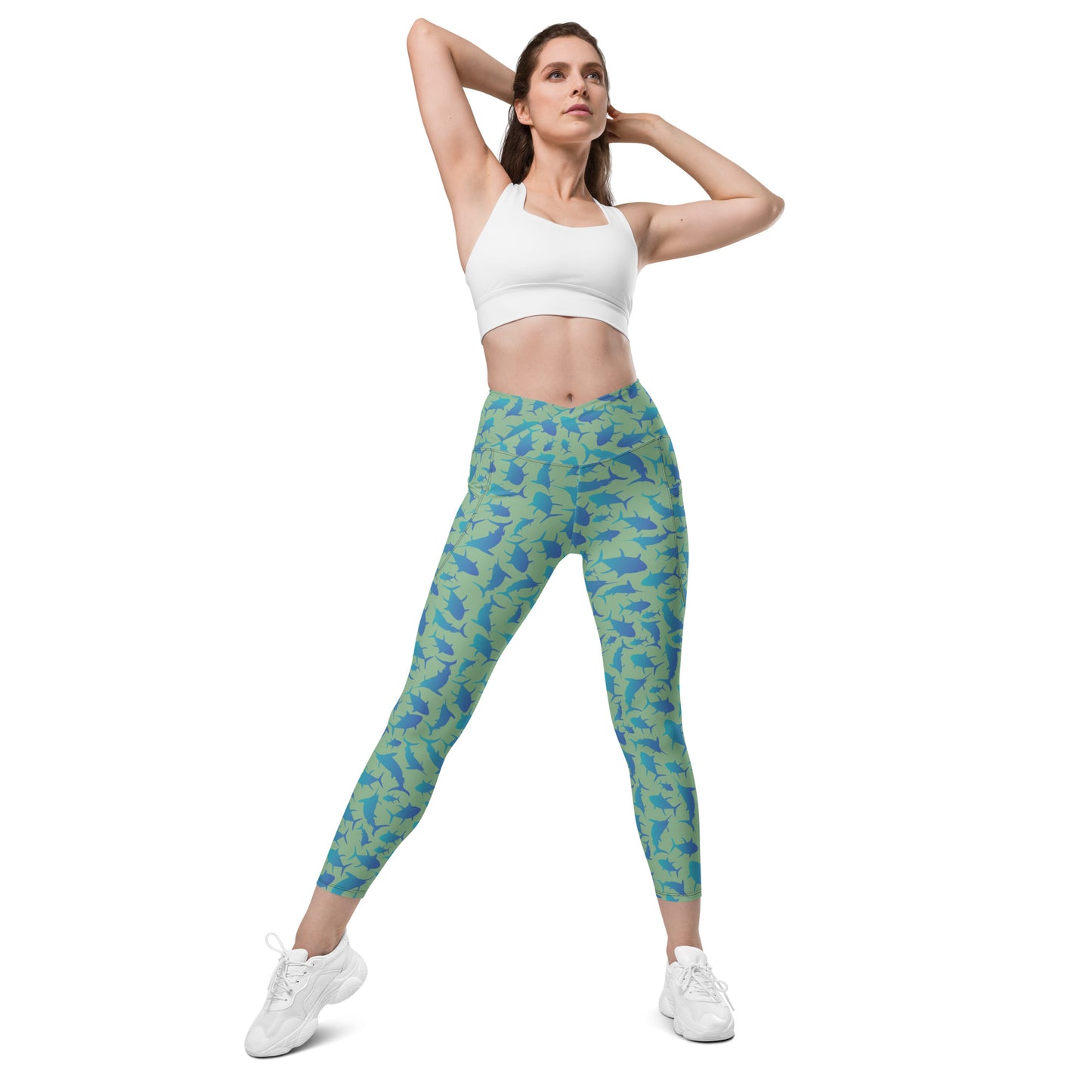 Marlin Tuna Scatter blue over green Crossover leggings with pockets