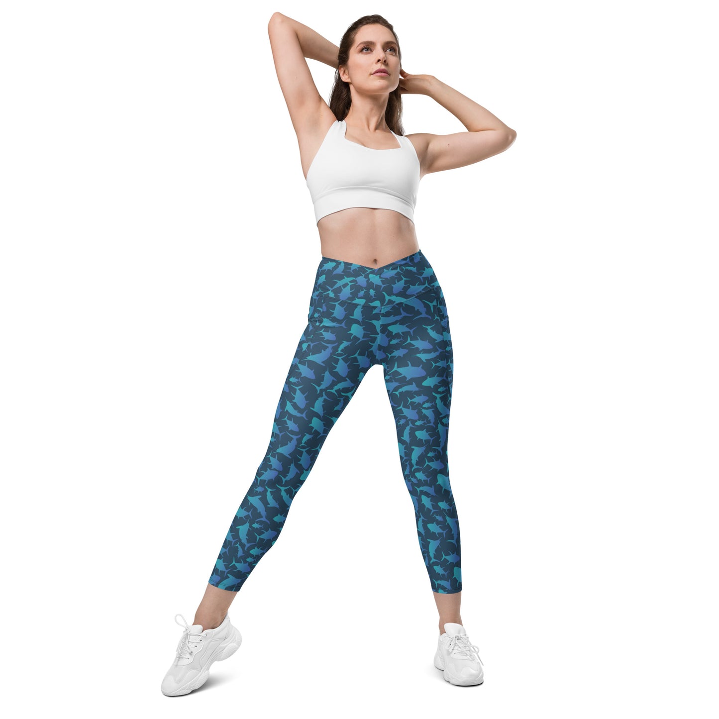 Marlin Tuna Scatter blue ombré over navy Crossover leggings with pockets