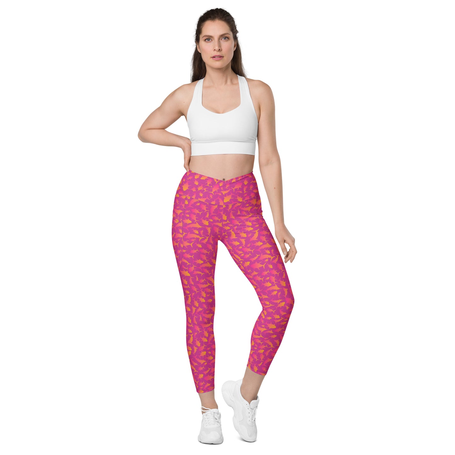 Marlin Tuna scatter hot pink orange ombré Crossover leggings with pockets
