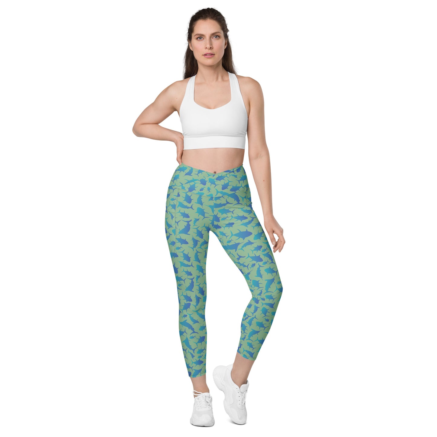 Marlin Tuna Scatter blue over green Crossover leggings with pockets