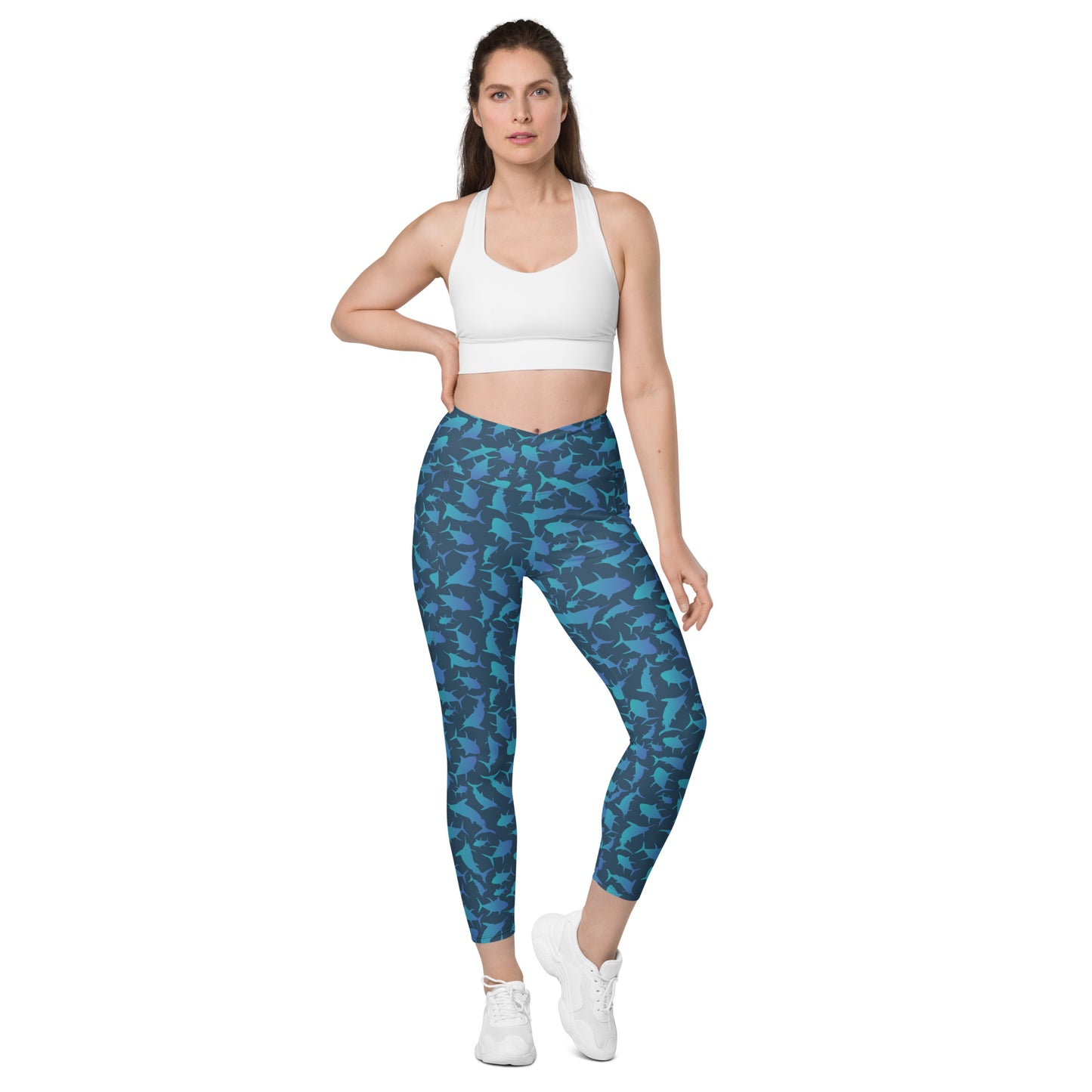 Marlin Tuna Scatter blue ombré over navy Crossover leggings with pockets