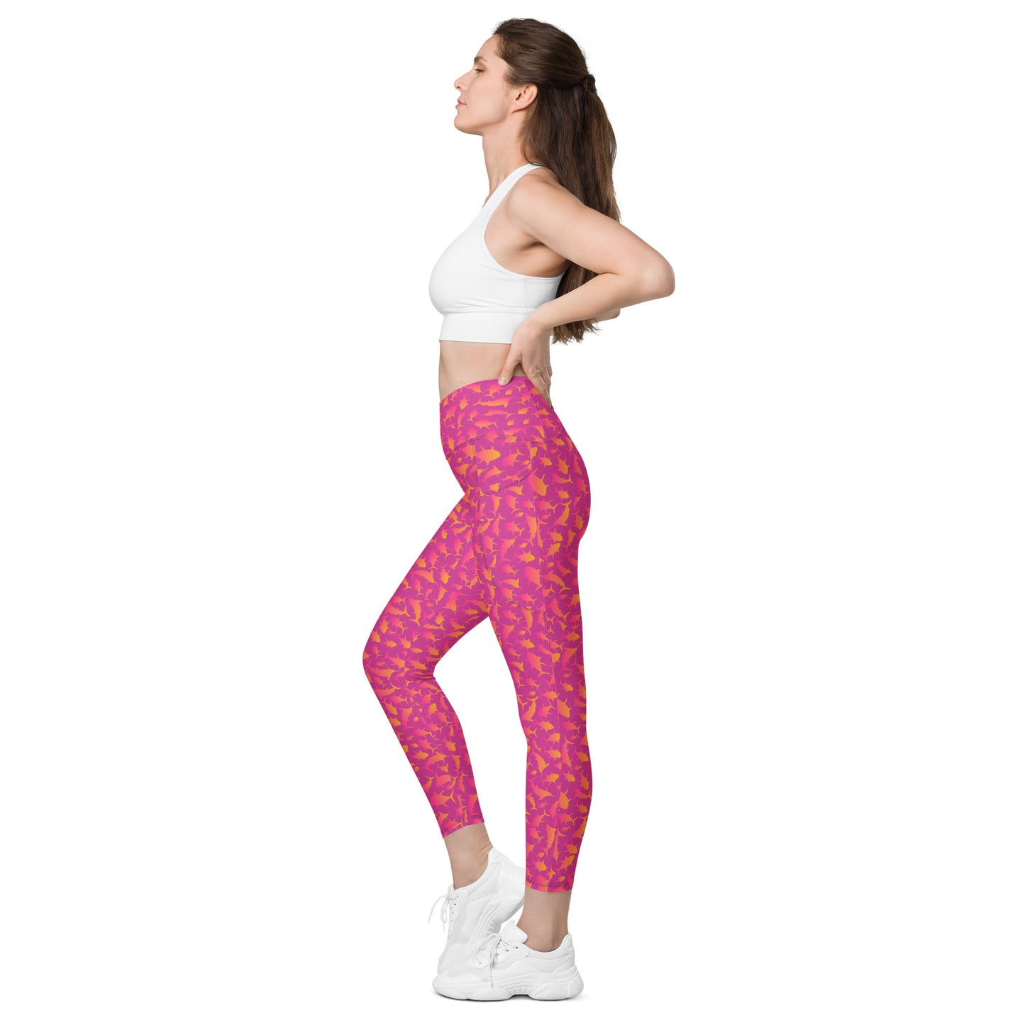 Marlin Tuna scatter hot pink orange ombré Crossover leggings with pockets