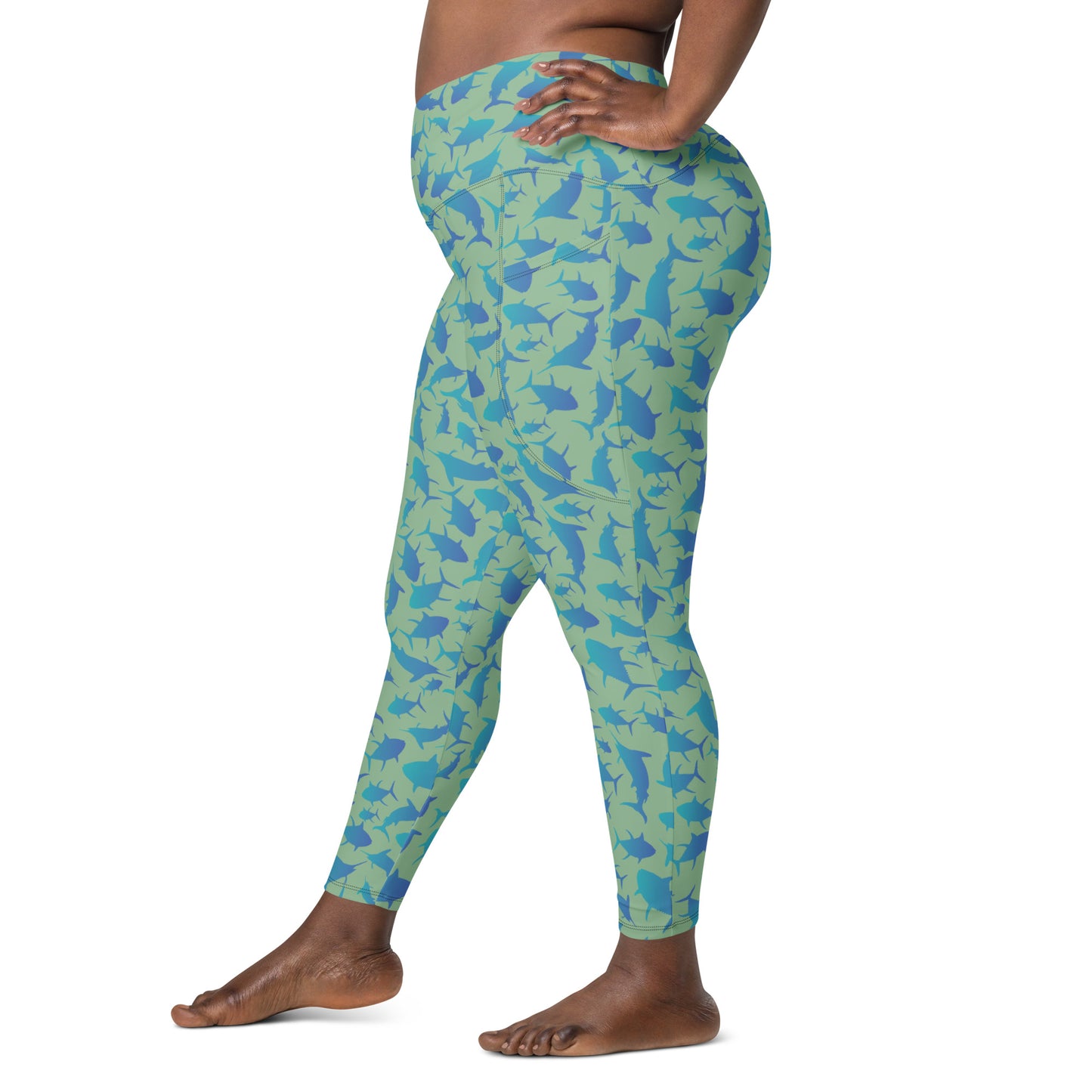 Marlin Tuna Scatter blue over green Crossover leggings with pockets