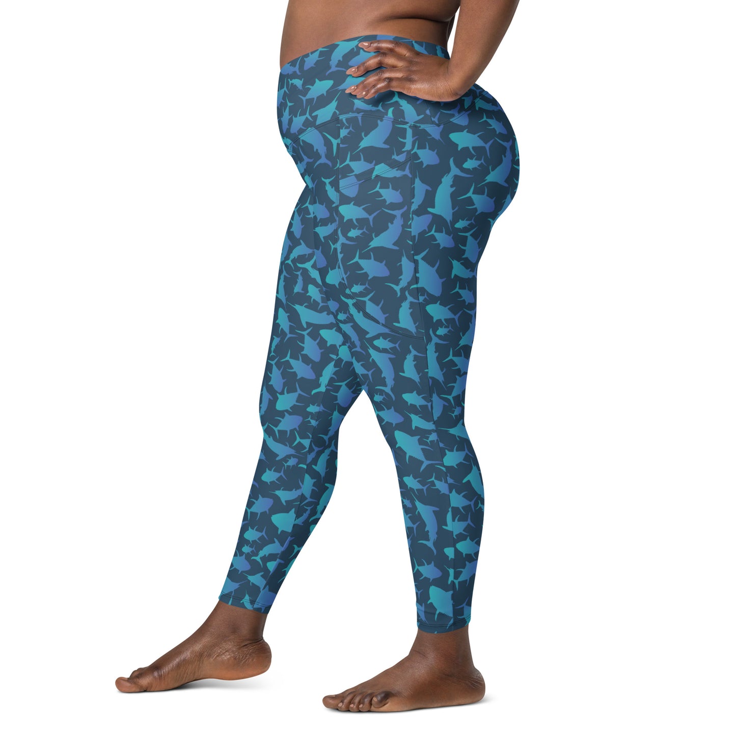 Marlin Tuna Scatter blue ombré over navy Crossover leggings with pockets