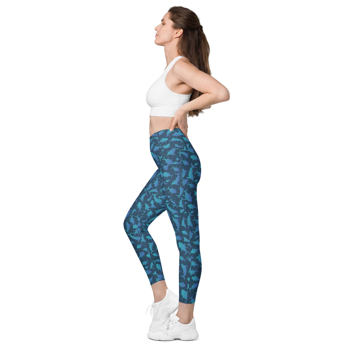 Marlin Tuna Scatter blue ombré over navy Crossover leggings with pockets