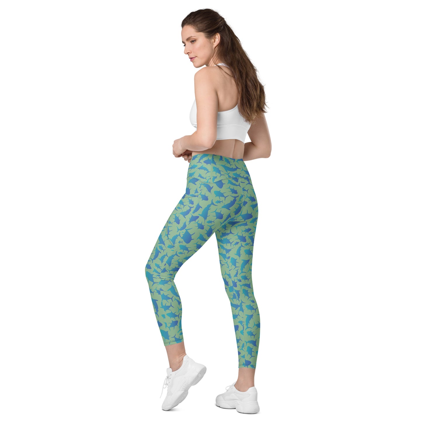 Marlin Tuna Scatter blue over green Crossover leggings with pockets