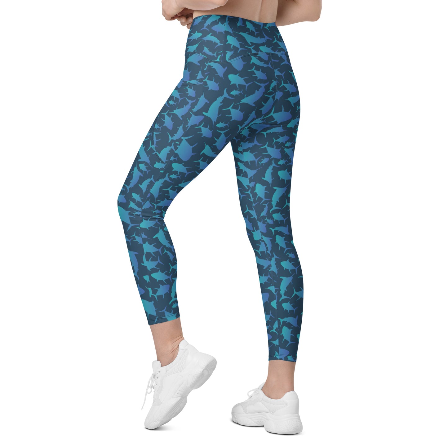 Marlin Tuna Scatter blue ombré over navy Crossover leggings with pockets