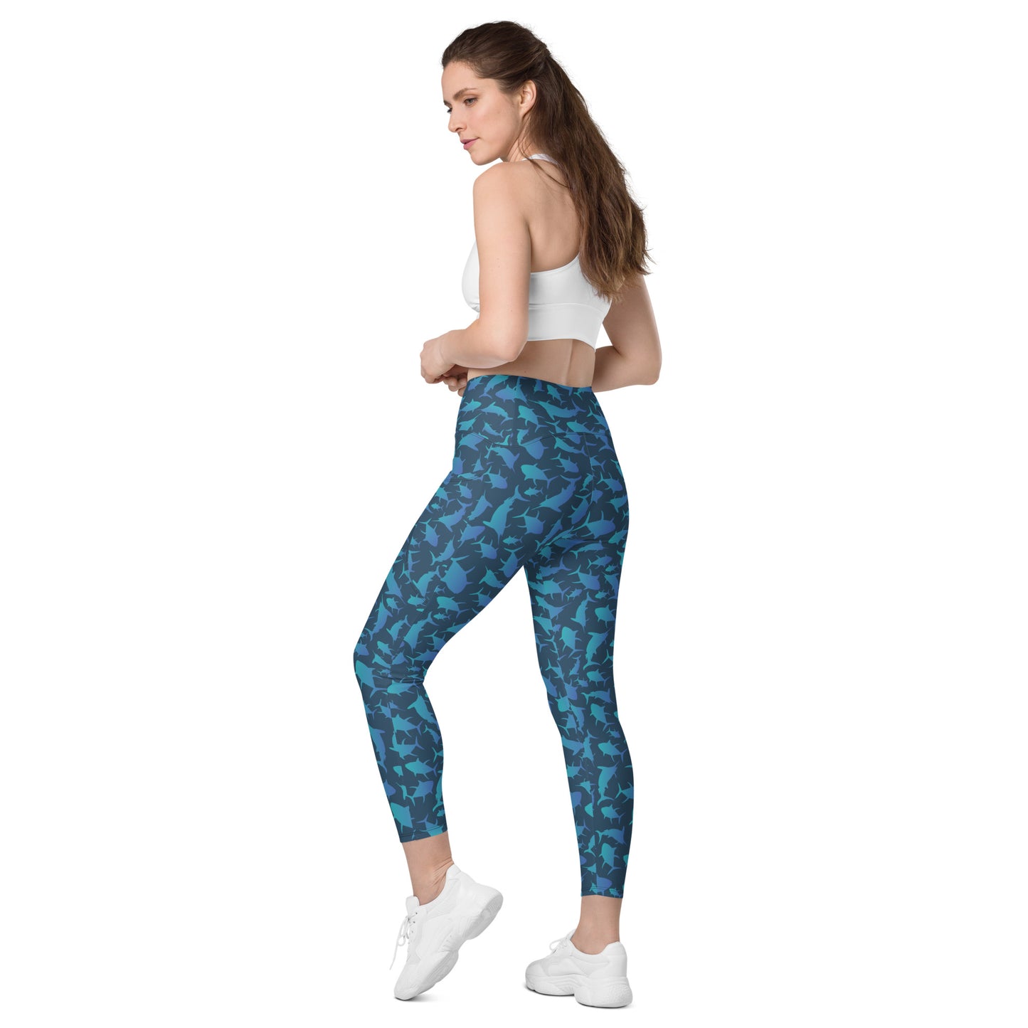 Marlin Tuna Scatter blue ombré over navy Crossover leggings with pockets