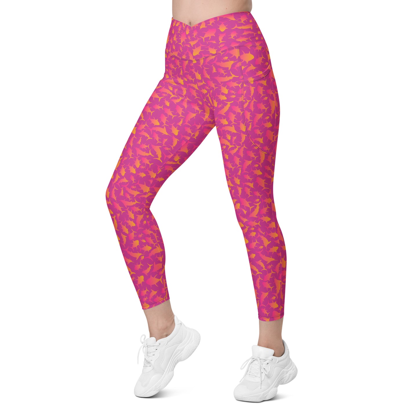 Marlin Tuna scatter hot pink orange ombré Crossover leggings with pockets