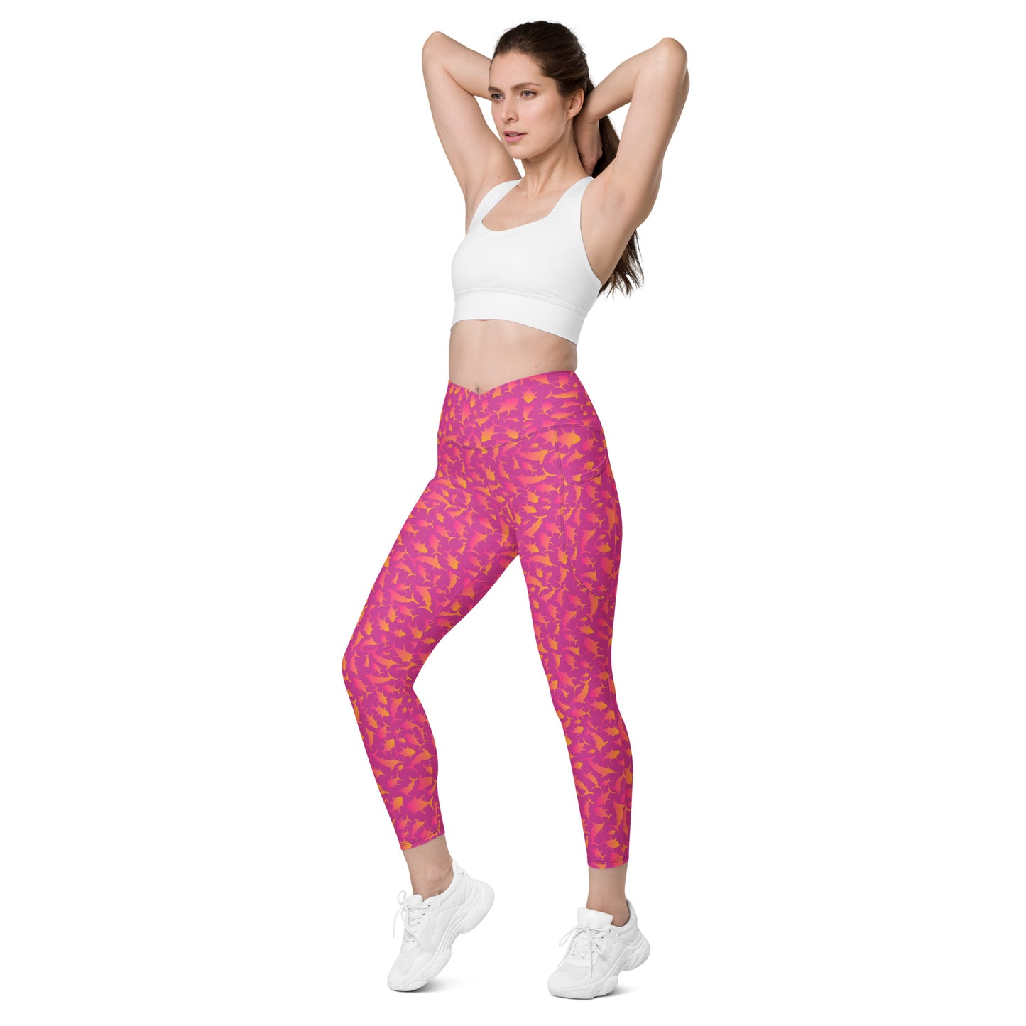 Marlin Tuna scatter hot pink orange ombré Crossover leggings with pockets