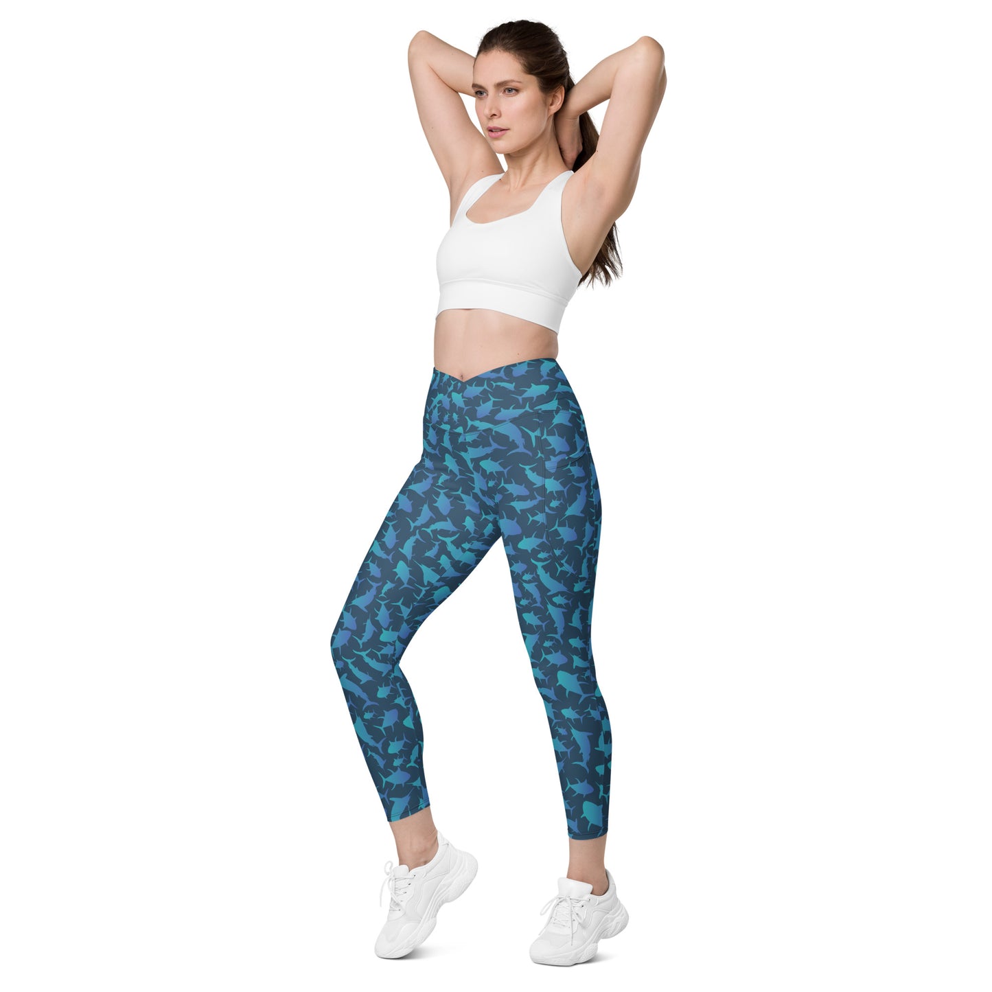 Marlin Tuna Scatter blue ombré over navy Crossover leggings with pockets