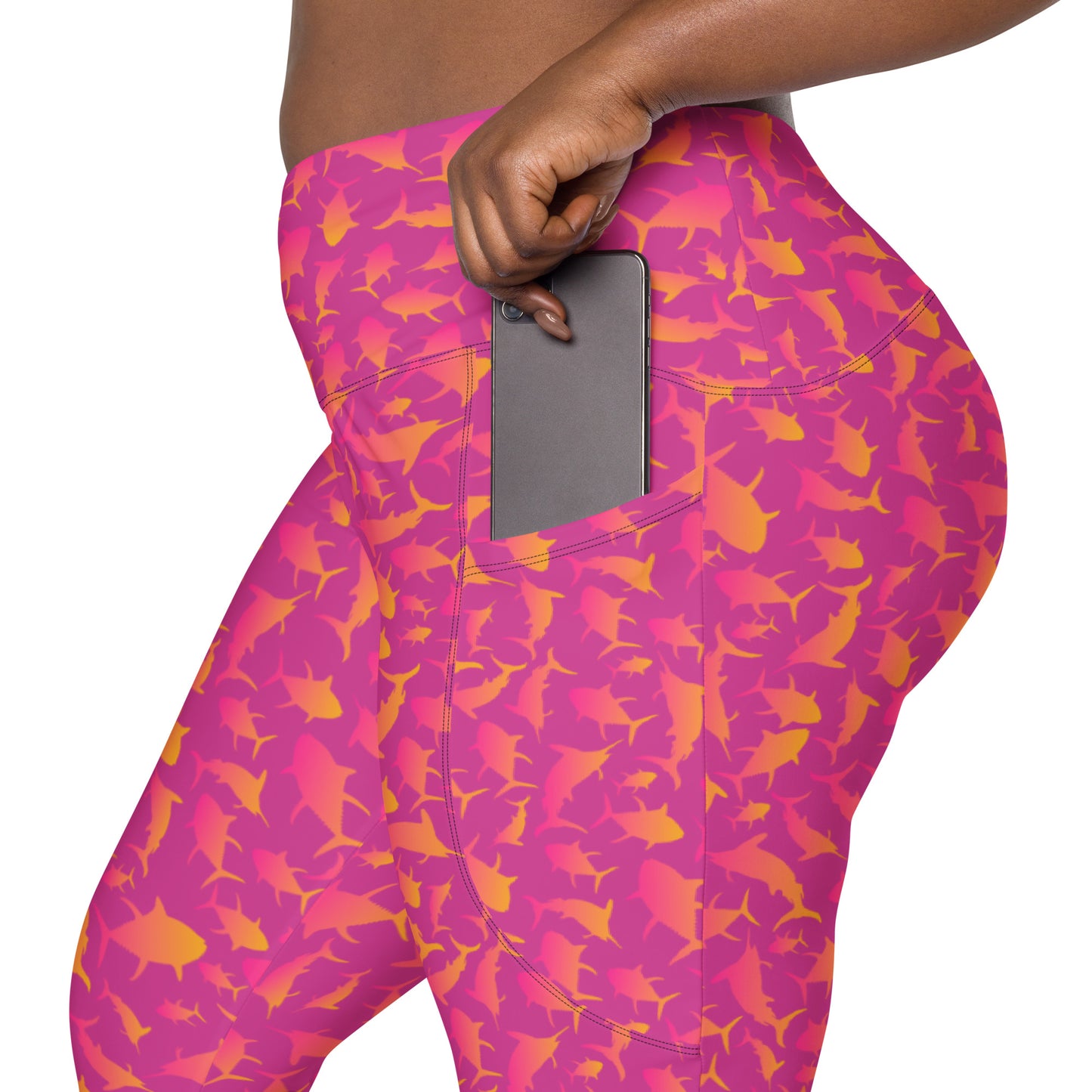 Marlin Tuna scatter hot pink orange ombré Crossover leggings with pockets