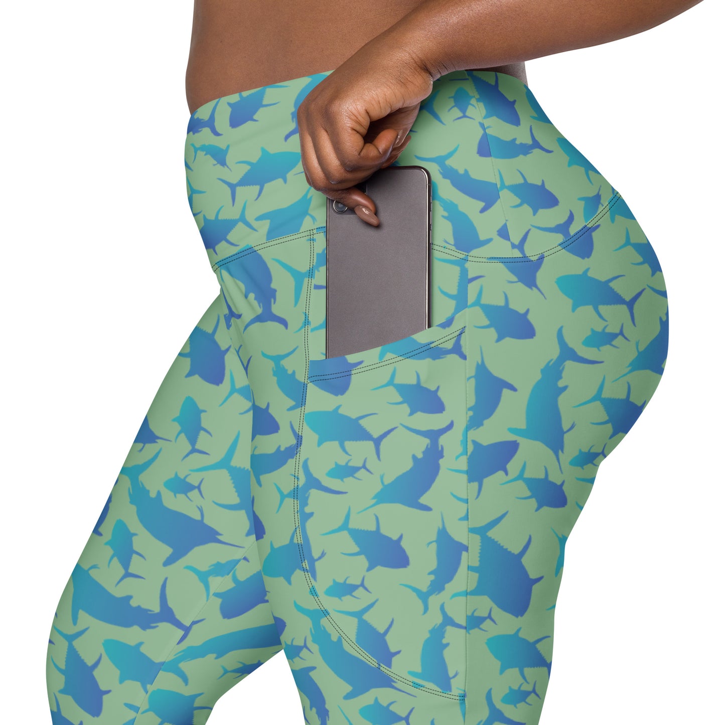 Marlin Tuna Scatter blue over green Crossover leggings with pockets