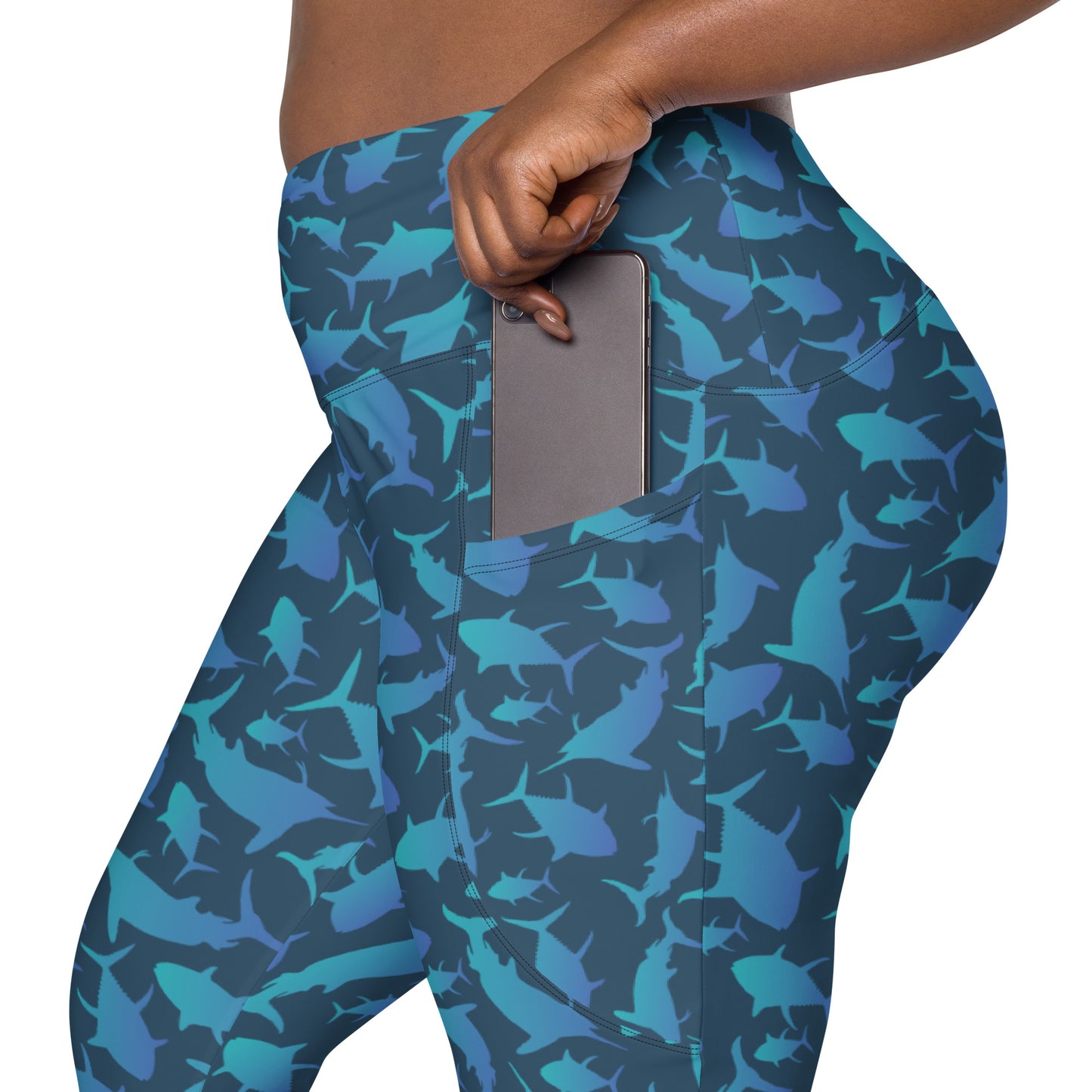Marlin Tuna Scatter blue ombré over navy Crossover leggings with pockets
