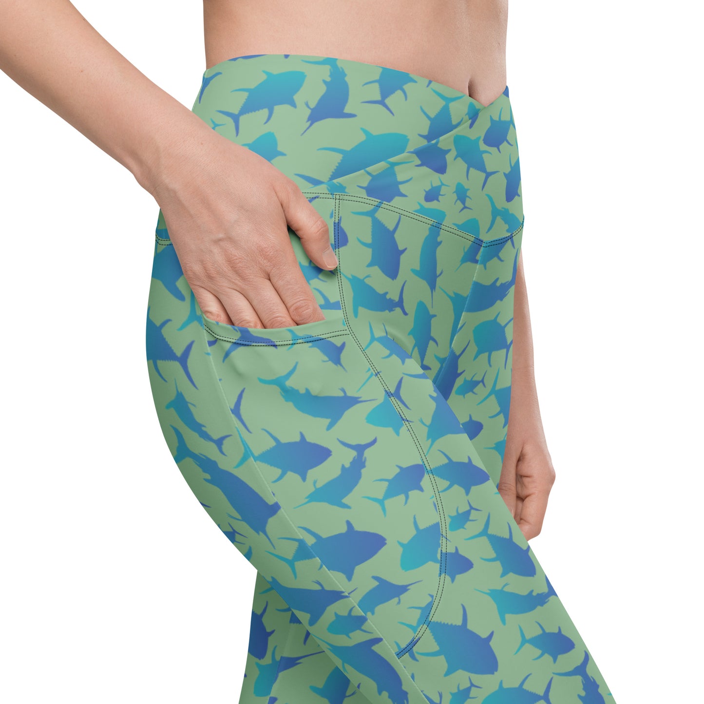 Marlin Tuna Scatter blue over green Crossover leggings with pockets