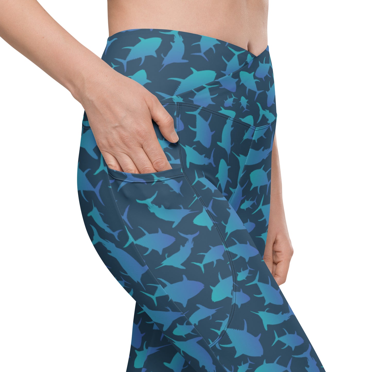 Marlin Tuna Scatter blue ombré over navy Crossover leggings with pockets