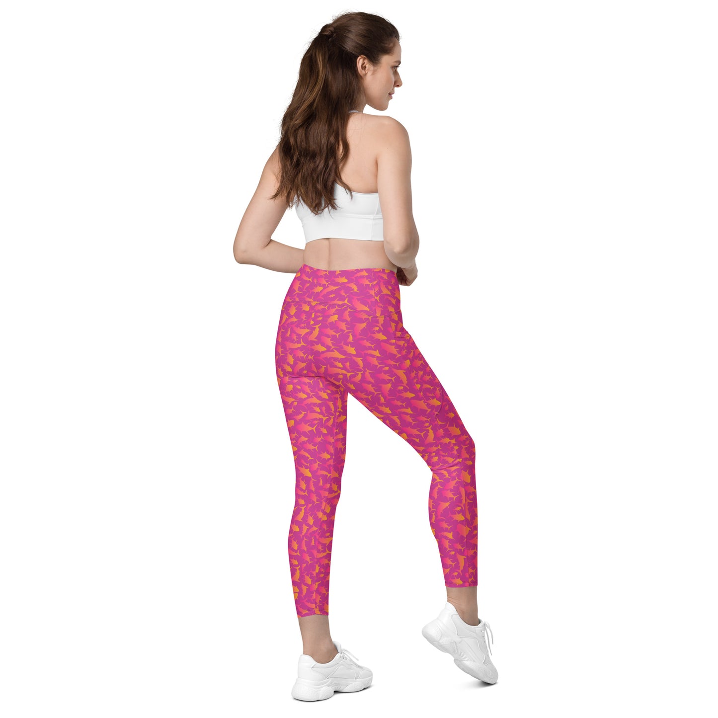 Marlin Tuna scatter hot pink orange ombré Crossover leggings with pockets