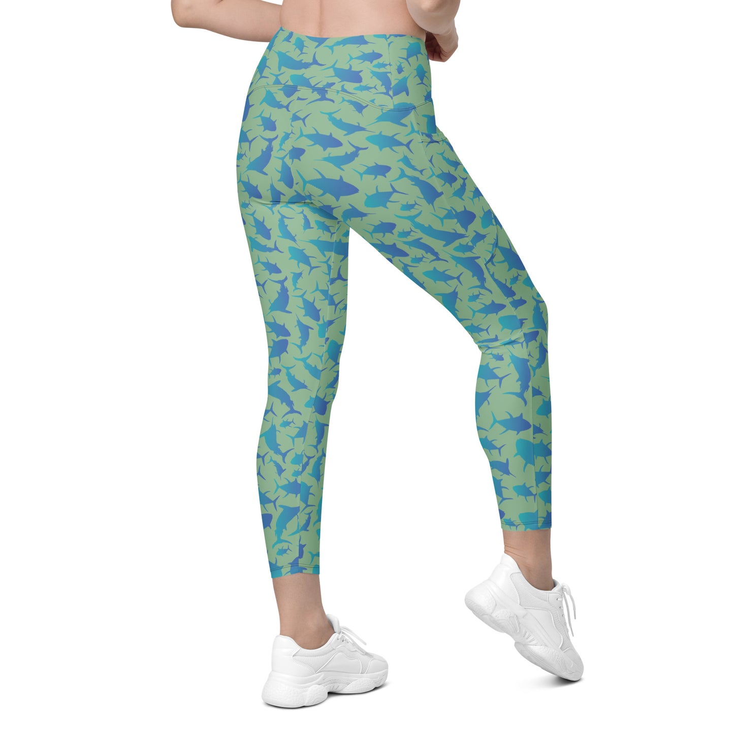 Marlin Tuna Scatter blue over green Crossover leggings with pockets