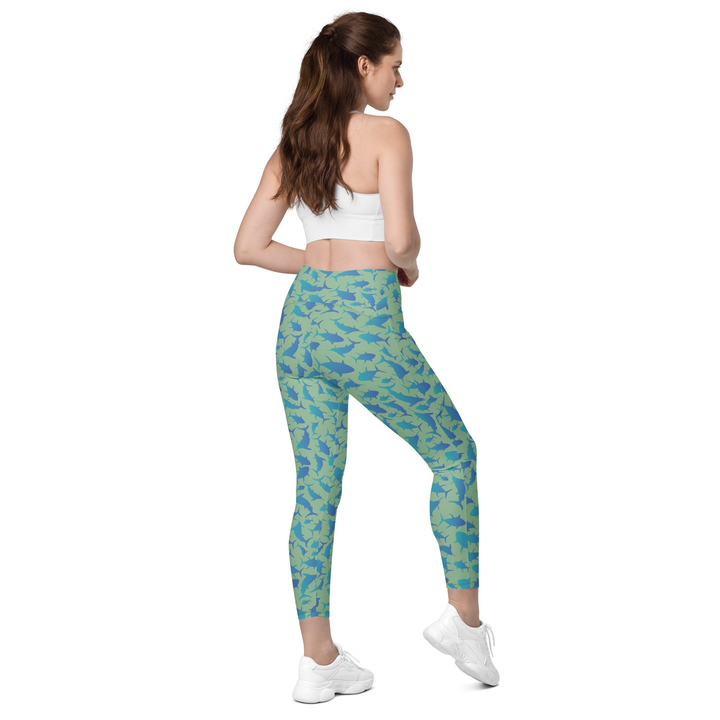 Marlin Tuna Scatter blue over green Crossover leggings with pockets