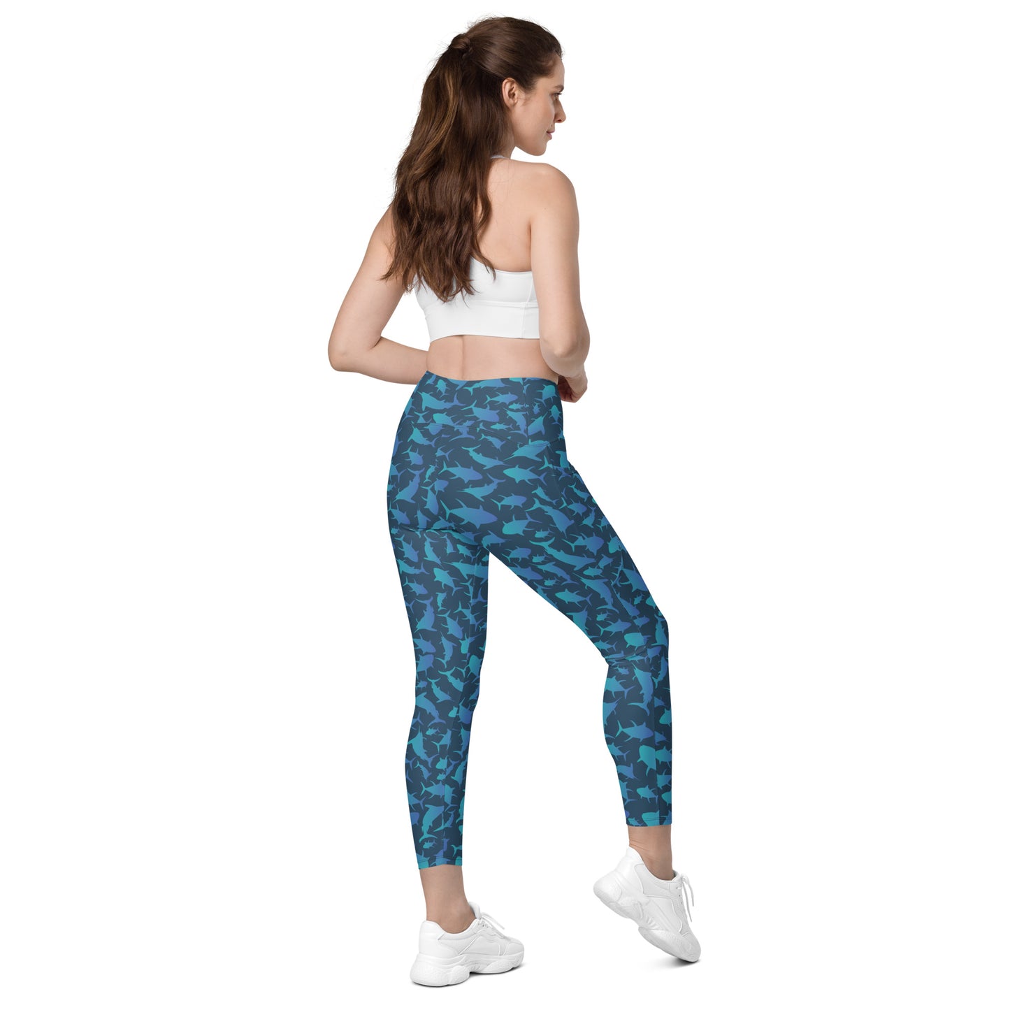 Marlin Tuna Scatter blue ombré over navy Crossover leggings with pockets