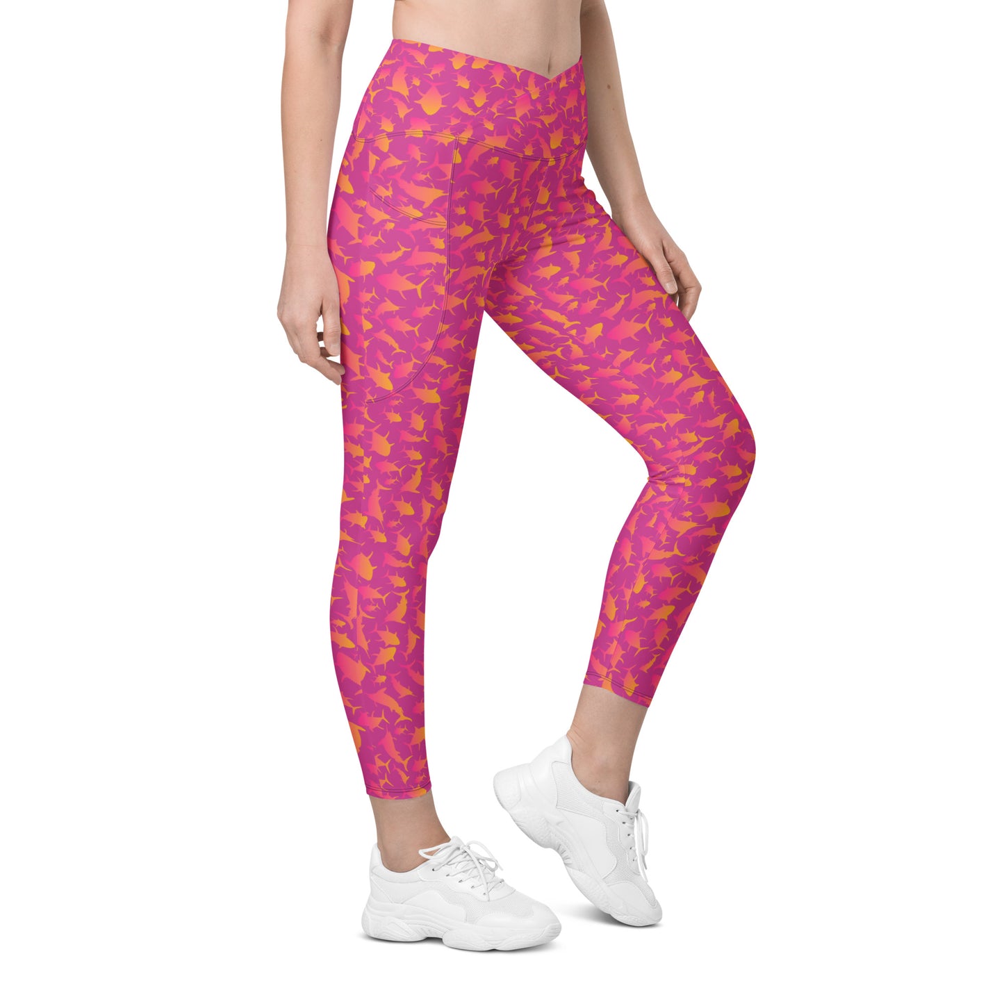 Marlin Tuna scatter hot pink orange ombré Crossover leggings with pockets