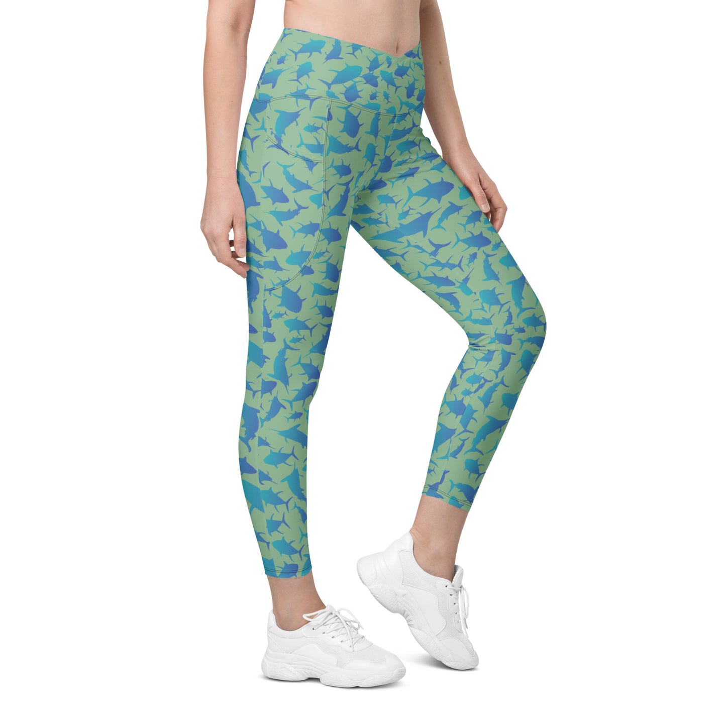 Marlin Tuna Scatter blue over green Crossover leggings with pockets