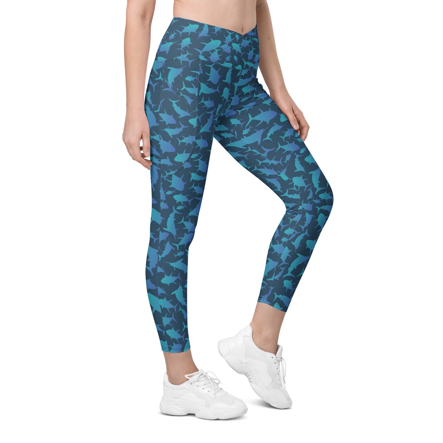 Marlin Tuna Scatter blue ombré over navy Crossover leggings with pockets