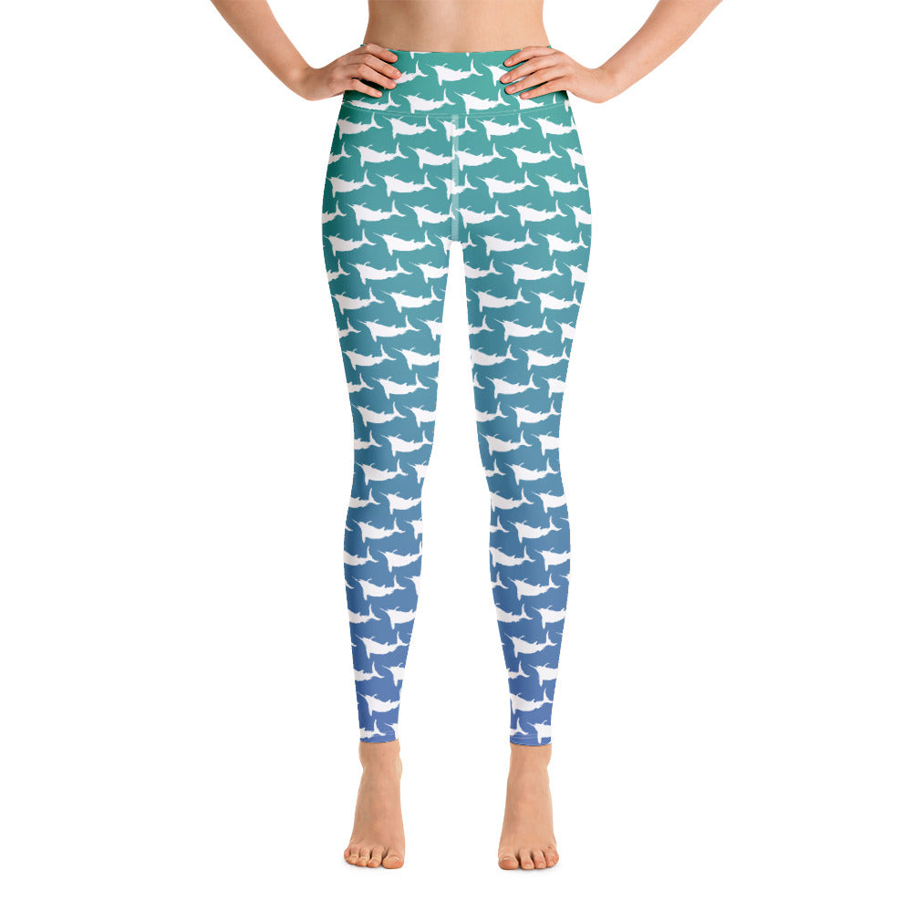 Blue green ombre white marlin Yoga Leggings