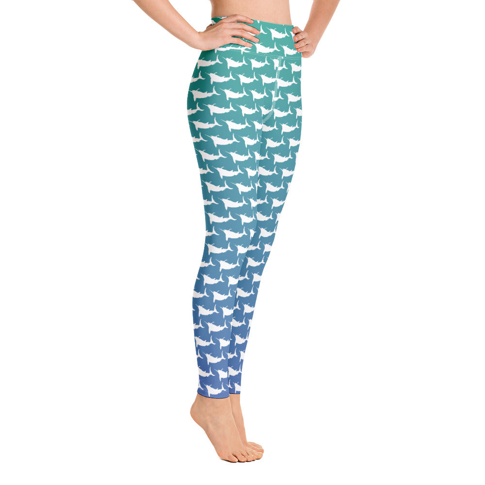 Blue green ombre white marlin Yoga Leggings