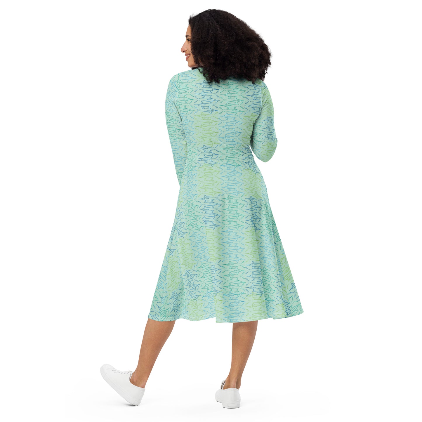 Marlin block All-over print long sleeve midi dress