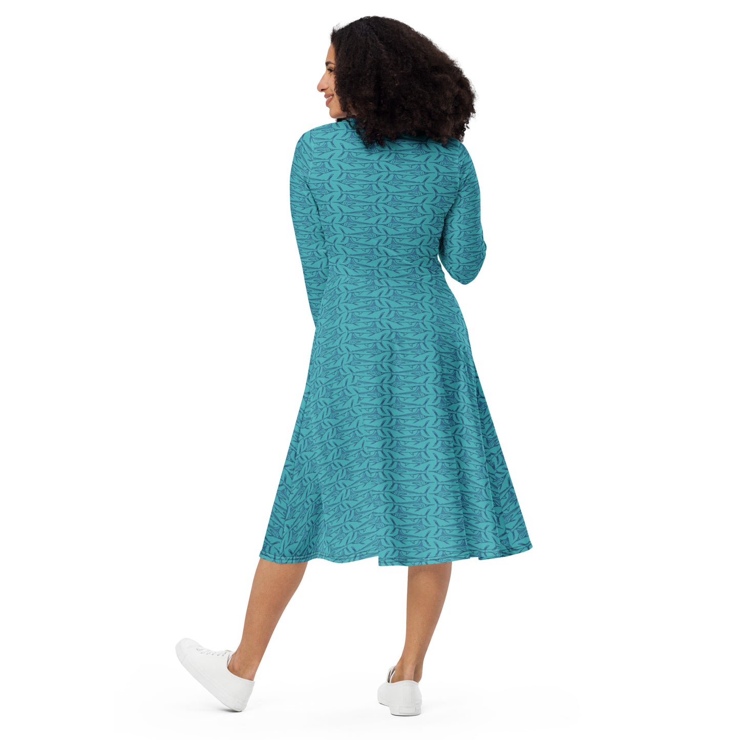 Navy Marlin Sketch All-over print long sleeve midi dress