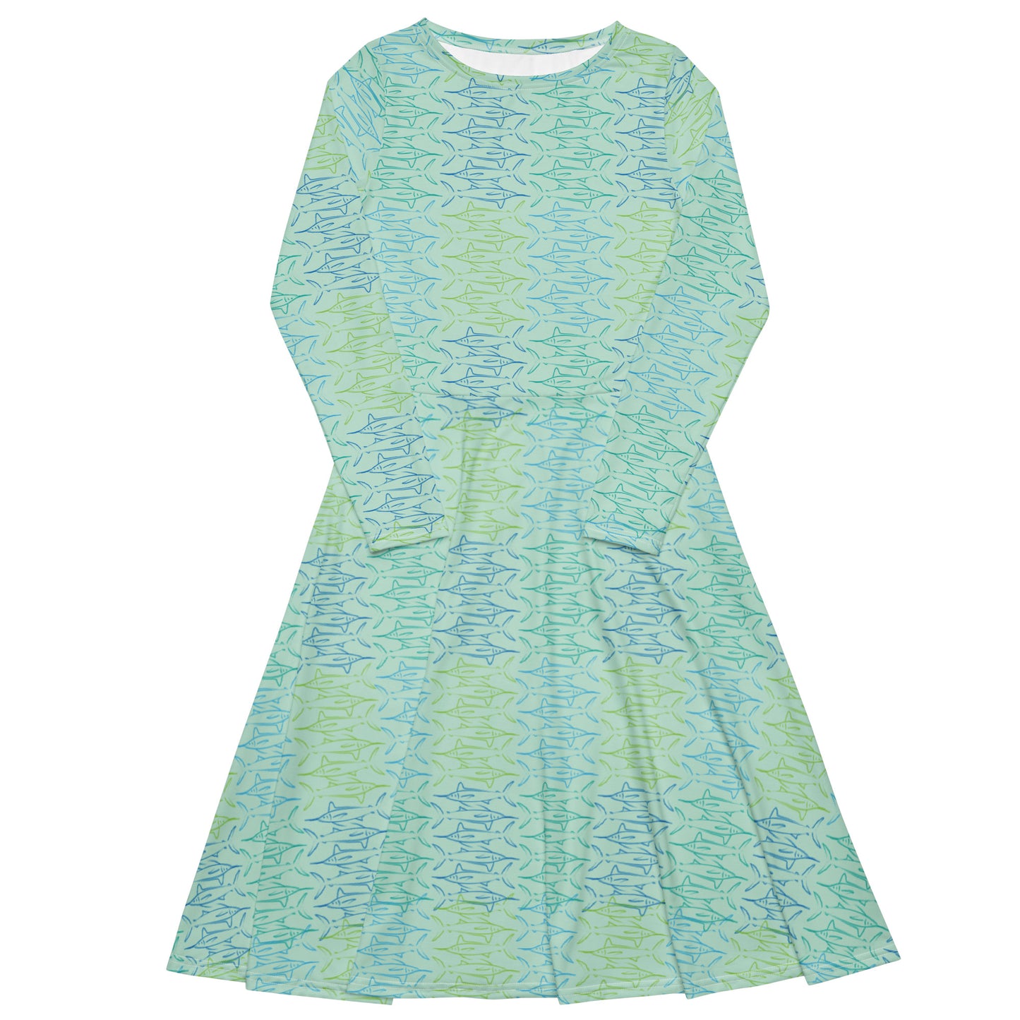 Marlin block All-over print long sleeve midi dress